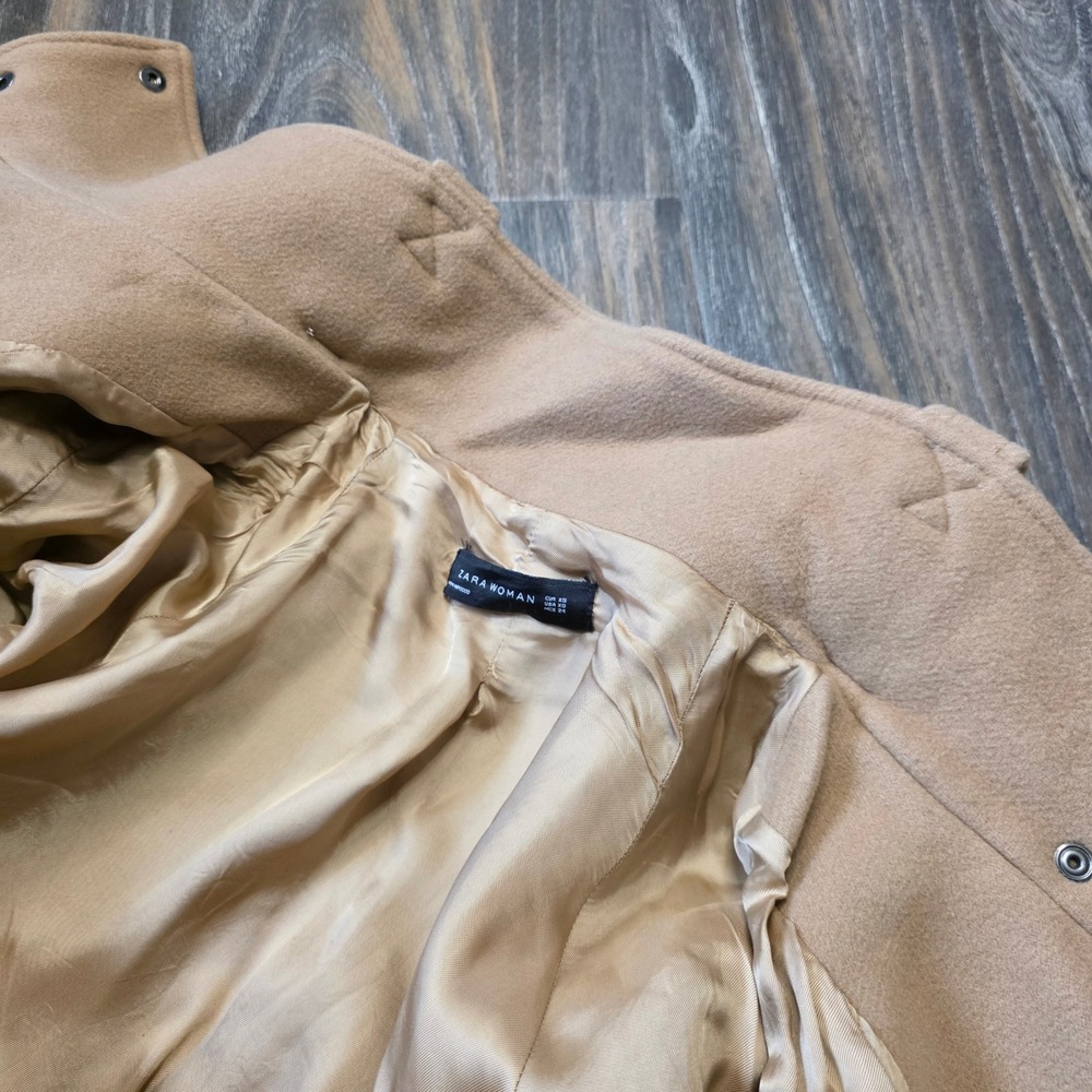 Zara Woman Camel Wool Blend Asymmetrical Zip Funnel Neck Moto Coat Tan XS - Picture 11 of 15